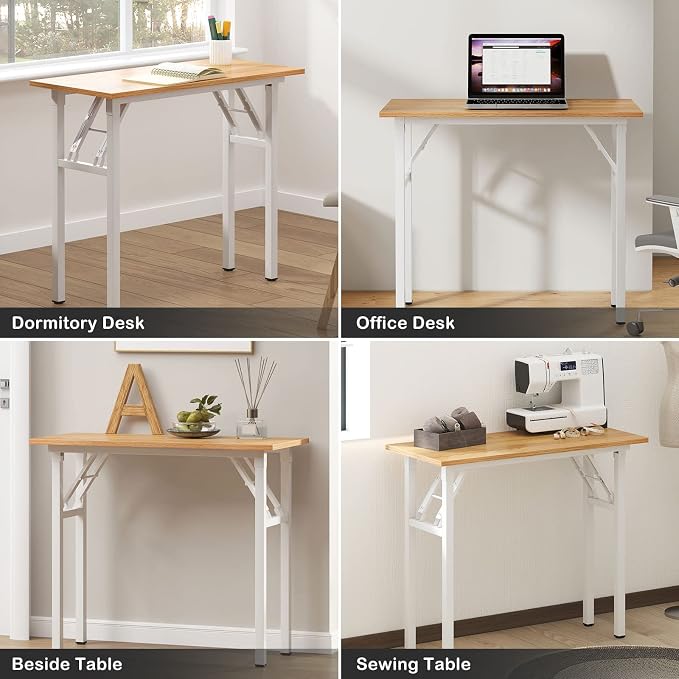 Need Small Computer Desk 31.5 in Folding Home Office Table Teak | White Frame Writing Gaming Work Table/Sturdy Foldable Study Table for Small Space/Dormitory, No Assembly Required - Image 6