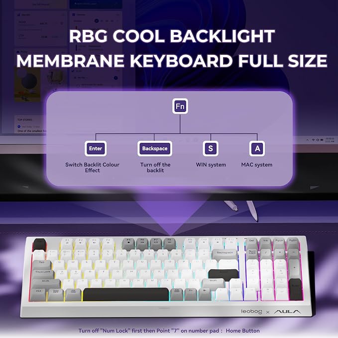 LEOBOG x Aula Wireless Keyboard 98 Keys Membrane Computer Keyboards | Silent Keyboard, 2000mAh Creamy Keyboard with Number Pad, Tri-Mode BT/2.4GHz/USB-C Connection for PC MAC Office Dorm Rooms - Image 4
