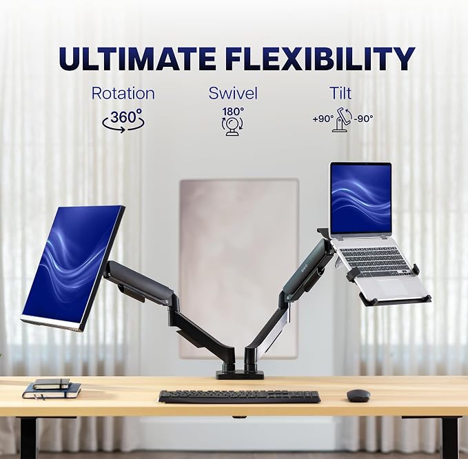 VIVO Universal Adjustable Monitor and Laptop Desk Mount, 17 to 32 inch Monitors, 10 to 15.6 inch Laptops, Dual Mechanical Arm VESA Notebook Stand with C-clamp and Grommet Options, Black, STAND-V002O-L - Image 8
