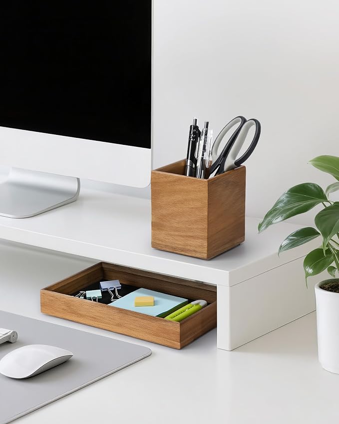 HULISEN Wooden Desk Organizer Tray, Pencil Holder with Felt Lining | Non-Slip Desk Tray Set, Pen Storage Compartment, Space-Saving Design, Desktop Accessory for Room Office & Workspace - Image 2
