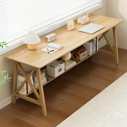 NELYE Extra Long Writing Desk with Bookshelf, 71" Wx20 Dx30 H, Oak | Wooden Home Office Work Study Table, Computer Gaming Workstation with Storage Shelf, Sturdy MDF Resists Wobble by NELYE