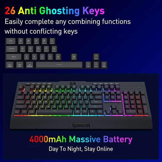 Redragon K525 PRO RGB 3-Mode Wireless Membrane Gaming Keyboard with Multimedia Keys, Linear Mechanical-Feel Switch, 4 Extra On-Board Macro Keys, Dedicated Media Control, Ergonomic Wrist Rest - Image 5