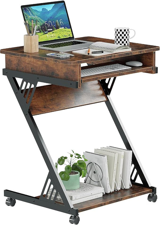 ALISENED Computer Desk for Small Spaces, 23.6" Z-Shaped Compact Study Table with Smooth Keyboard Tray with Wheels and Bottom Shelves for Home Office, Computer Cart Mobile Laptop Cart, Rustic Brown | 23.6" Z-Shaped, with Wheels and Bottom Shelves, for H... by ALISENED