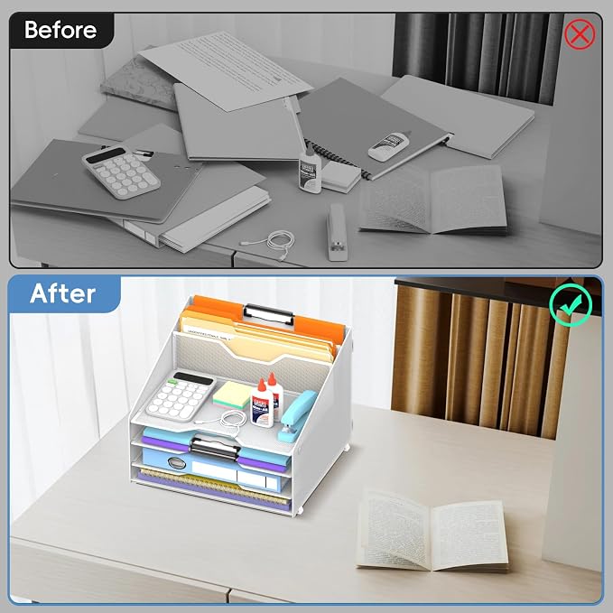 Desk File Organizer, 4 Letter Trays and 2 Upright Sections, White | Paper Organizer for Desk with Tiered Letter Trays and Vertical File Holders for Home Office, School and Workspace Use - Image 3