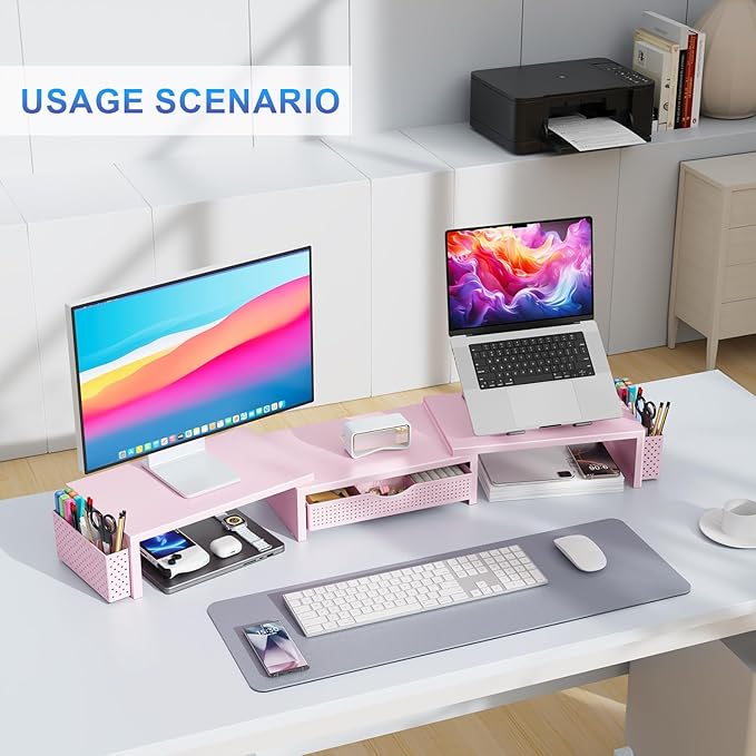 gianotter Dual Monitor Stand Riser, Desk Organizer With Drawer and 2 Pen Holders,Desk Organizers and Accessories, Pink Office Supplies (Pink) - Image 6