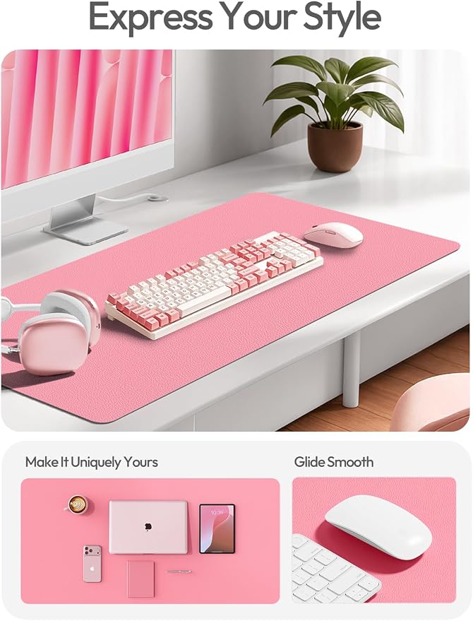 YSAGi Leather Desk Protector, Office Mat, Large Mouse Mat, Non-Slip PU Leather Blotter, Laptop Desk Mat, Waterproof Writing Pad for Office and Home(Pink, 40" x 24") - Image 3