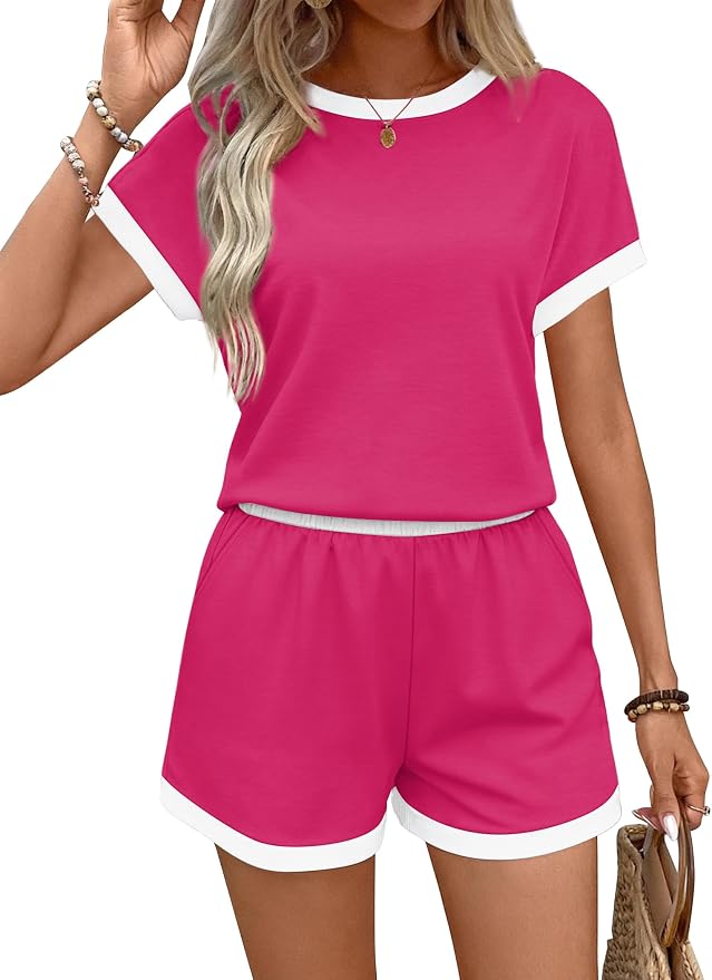 WIHOLL Two Piece Sets for Women Summer Lounge Short Sets Cap Sleeve Crew Neck Sweatsuit with Pocket XS-2XL - Image 3