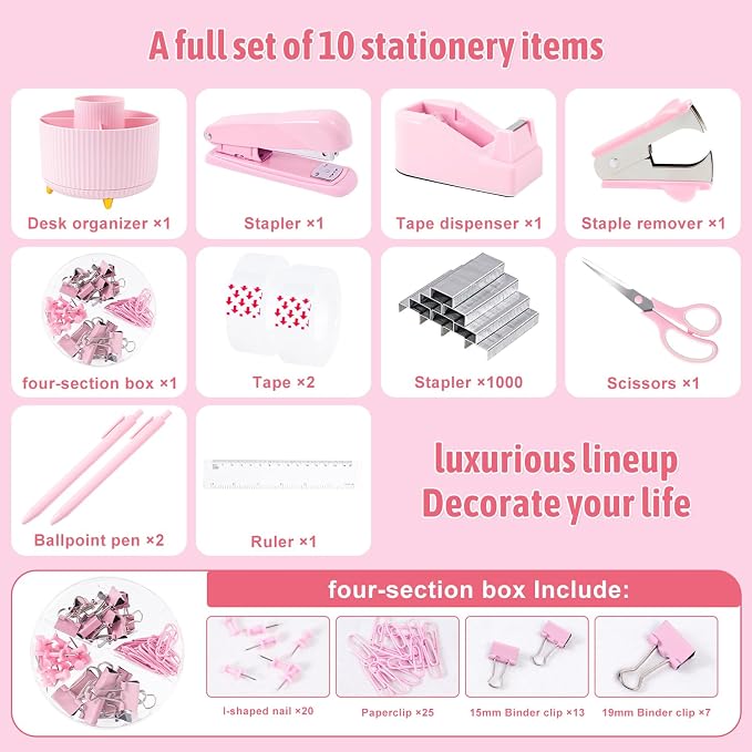 Gawsey Pink Desk Organizers and Accessories with Desk Organizer 360° Rotating Pen Holder and Office Supplies, Cute Stationery Supplies Set - Image 3