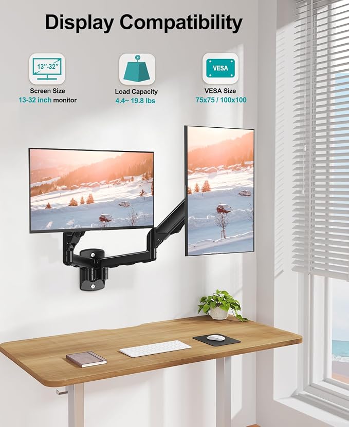 MOUNT PRO Dual Monitor Wall Mount for 2 Computer Screen up to 32 Inch, Gas Spring Double Monitor Arm Holds Up to 19.8lbs Each, Full Motion Adjustable Wall Monitor Mount, VESA Mount 75x75/100x100 - Image 2