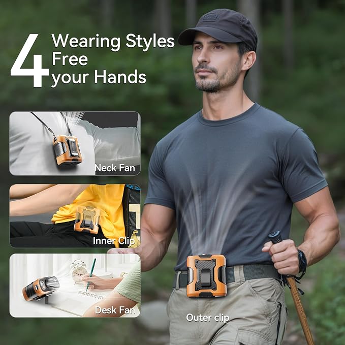 KIMMOO 5 in 1 Portable Waist Fan, 100 Speeds Powerful 13500RPM, Hands-Free Neck Fan with up to 24H Cooling, Rechargeable Personal Wearable Belt Body Shirt Fan for Camping Outdoor Jobsite, Orange - Image 7