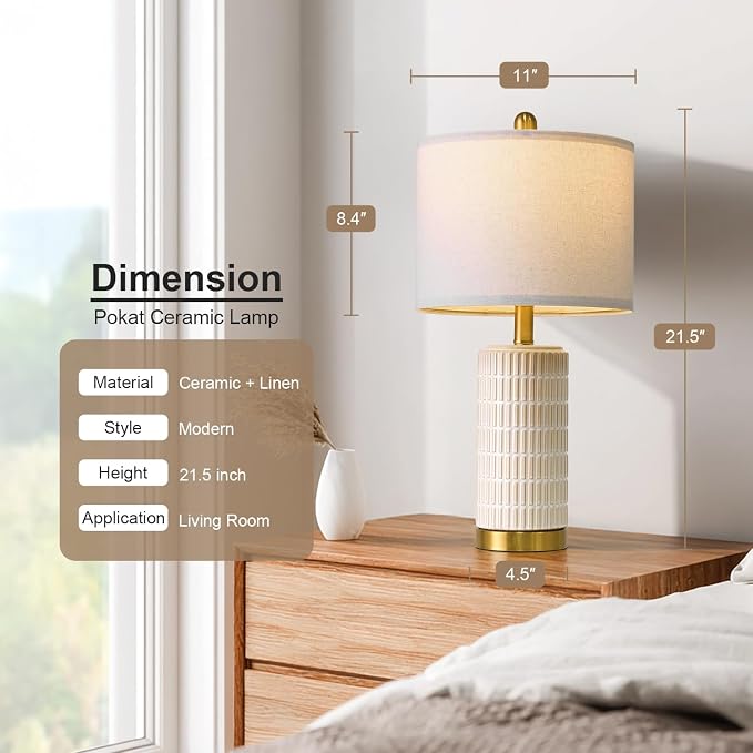 PoKat Small Bedside Table Lamps with USB Ports for Bedroom, 21.5'' White Nightstand Lamps for Night Stands, Modern Ceramic Bedroom Lamps for Living Room End Table, White and Beige - Image 7