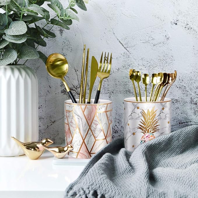 Cute Pen Holder for Desk, Ceramic Pencil Organizer, Makeup Brush Holder, Office Decor and Desk Accessories Durable Ceramic, Pineapple Pattern - Image 2