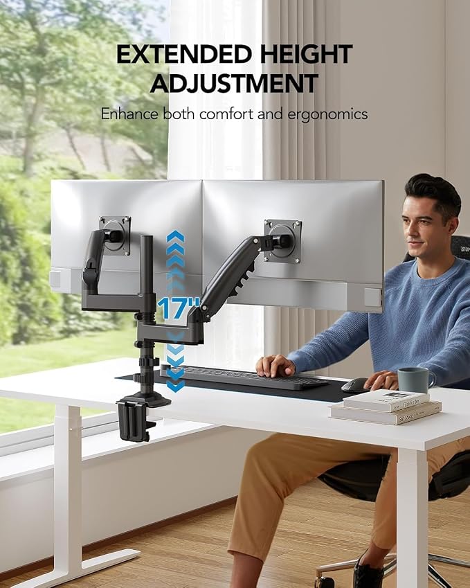 HUANUO 17-32 Inch Dual Monitor Stand, Vertical Dual Monitor Mount, Monitor Stand 2 Monitors, Ergonomic Adjustable Tilt/Swivel/Rotate, Weight Max 19.8 lbs, VESA 75/100mm - Image 6