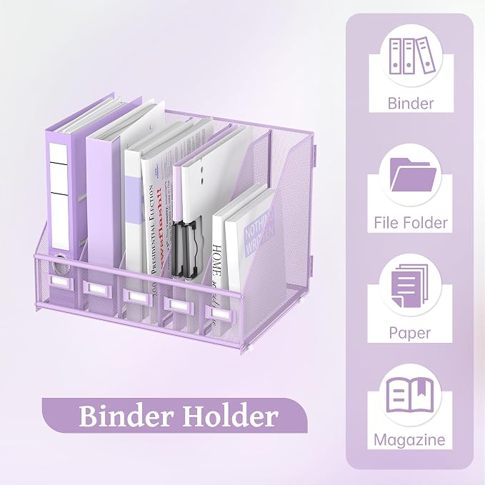 SUPEASY Desk Organizers Metal Desk Magazine File Holder with 5 Vertical Compartments Rack File Organizer for Office Desktop, Classroom, Home Workspace, Purple Plus - Image 6