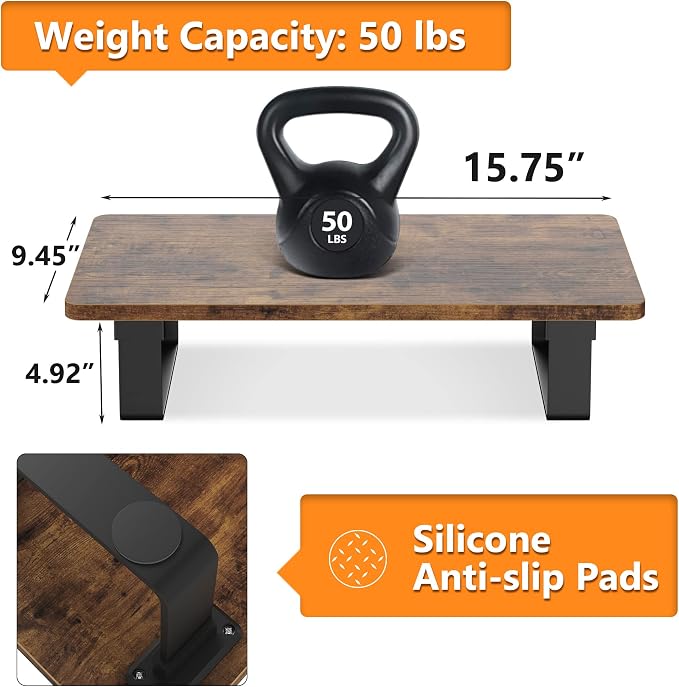 Monitor Stand Riser with 50 LB Capacity, Stable Wood Computer Monitor Stand for Desk Organizers, Anti-slip Computer Riser Monitor Shelf for PC Laptop Notebook Printer Computer iMac, Rustic Brown - Image 5