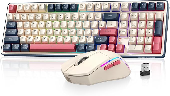 Redragon S174 Gaming Keyboard and Mouse Wireless with Tri-Mode, RGB Keyboard and 5000 DPI 61G Ultra-Light Gaming Mouse, Computer Keyboard Creamy Cute with Number Pad BT/2.4GHz/USB-C - Beige by REDRAGON