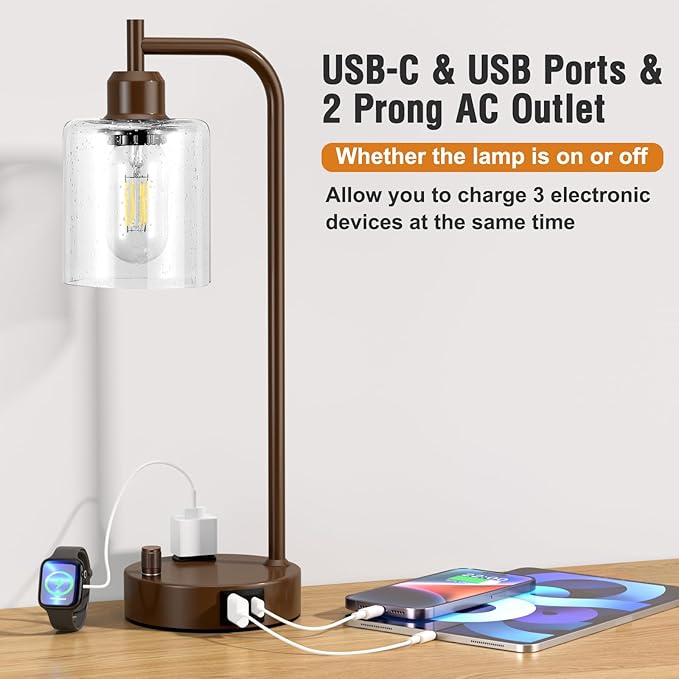 Innqoo Industrial Table Lamps for Bedrooms Set of 2 - Fully Dimmable Bedside Lamps with USB Ports and Outlet, Brown Nightstand Lamps with Glass Shade for Living Room, Desk Lamps for Office Reading - Image 3