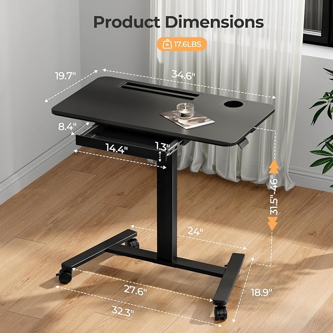 Mobile Standing Desk with Drawer, 35"×20" Small Desk, Black | Portable Laptop Workstation with Cup Holder and Hooks, Height Adjustable Rolling Desk with Wheels, Teacher Classroom Use - Image 2