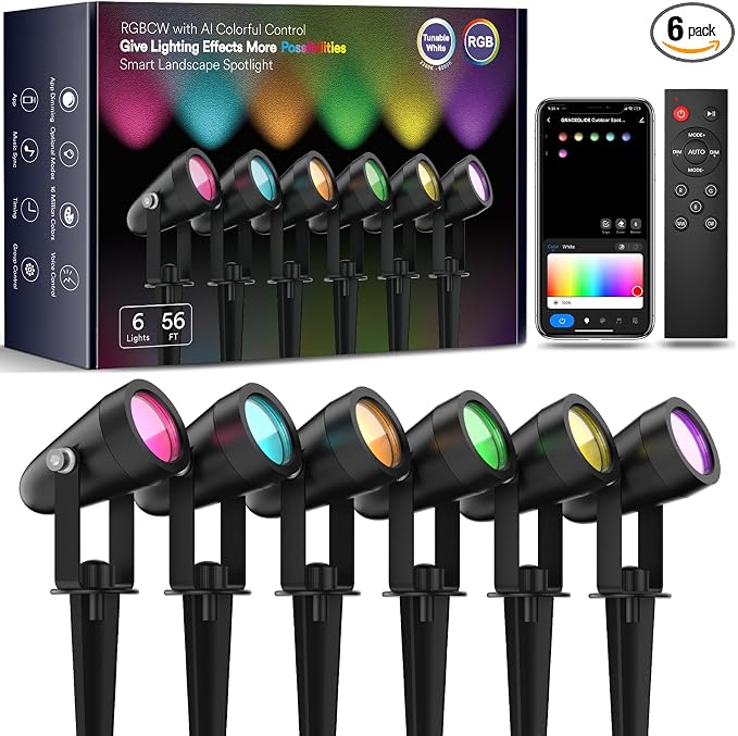 Smart Landscape Spotlights, Outdoor RGB Lights Works with APP/Voice Control | IP65 Waterproof, Low Voltage Color Changing Lighting for Yard Garden Pathway Lawn, 6 Pack by GraceHomeSmart