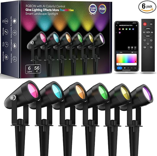 Smart Landscape Spotlights, Outdoor RGB Lights Works with APP/Voice Control | IP65 Waterproof, Low Voltage Color Changing Lighting for Yard Garden Pathway Lawn, 6 Pack by GraceHomeSmart