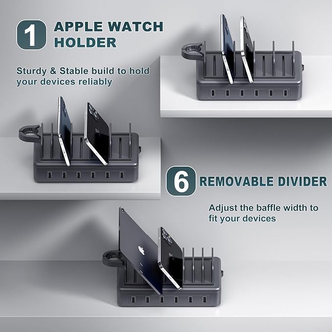 Charging Station for Multiple Devices, 6 in 1 Charger Station Multiple Charging Station for Cellphone Tablet iPhone iPad and More-50W Charging Dock with Mixed Charging Cables - Image 4
