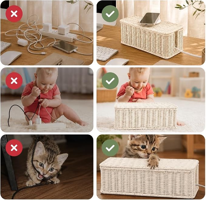 Cable Management Box, Handmade Rattan Cable Organizer with 2 Open Slots, Cord Hider for Power Strip, Router & USB Hub, Registered U.S. Design Patent (D1,112,102), 13" x 5.1" x 5.1", White - Image 8