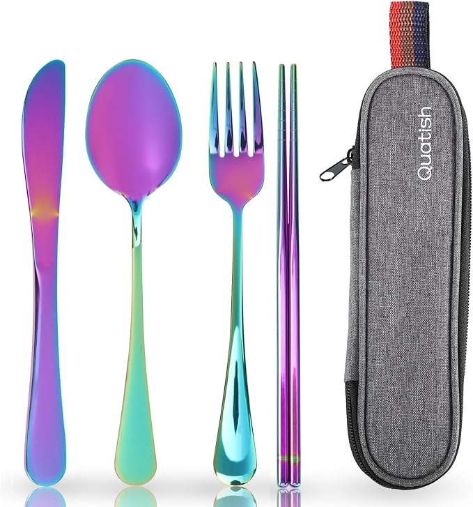 Travel Utensils with Case, Quatish Portable Silverware Set for Work, Stainless Steel Reusable Travel Cutlery Set, Fork and Spoon Set for Camping, Picnic, Gadgets, Lunch Box for Men, Rainbow by Quatish
