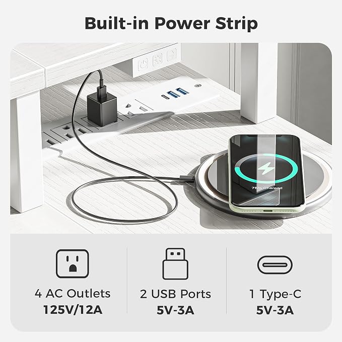 SUPERJARE 53 inch Reversible L Shaped Desk with LED Lights & Power Outlets, Computer Desk with Shelves & Monitor Stand, Gaming Desk with Drawer, Home Office Desk Corner Desk, PU White Drawer - Image 4