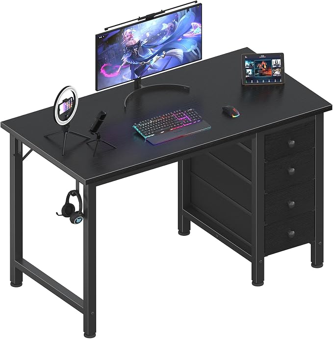 Lufeiya Small Gaming Desk with 4 Drawers, 40 Inch Kids Girls Teen Cute Study Desk for Bedroom, Reversible Work Computer Writing Table Desks for Small Space Home Office, Black by LUFEIYA
