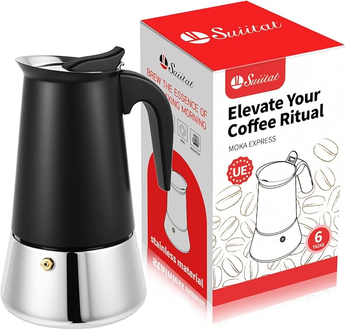 6 Cup Stainless Steel Moka Pot, 300ml Stovetop Espresso Maker, Black by Suiitat