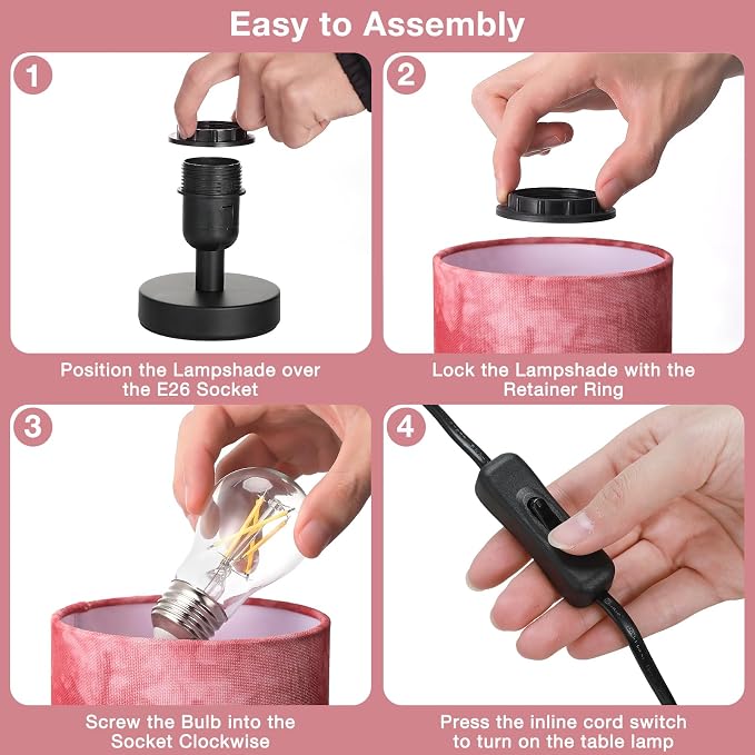 Fenmzee Small Table Lamps(Pink Shade - Black Base, 9" Inline Control) | 3000K LED Blub Included | 680 Lumens | Easy Assembly | Minimalist Design | E26 | for Kitchen | for Kids Room - Image 8