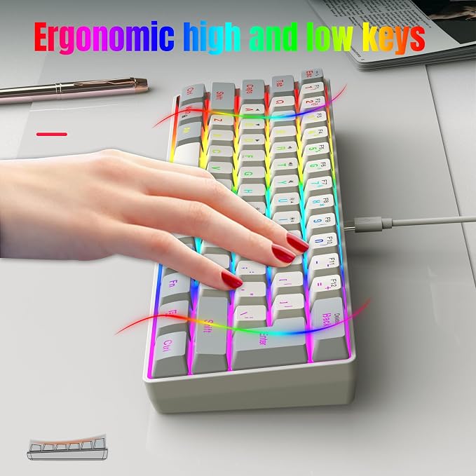 Snpurdiri 60% Wired Gaming Keyboard, 61 Keys RGB (Grey-White) | Backlit Small Gaming Keyboard for PC/Mac Gamer, Typist, Travel, Easy to Carry on Business Trip - Image 7