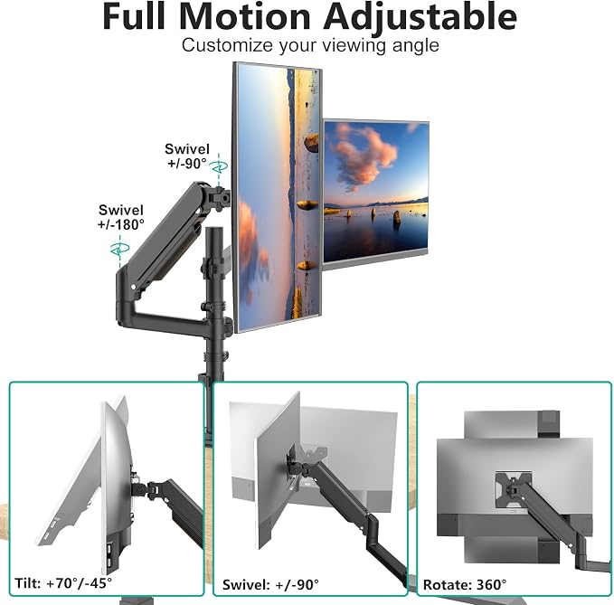 WALI Dual Monitor Mount, 13-33 Inch Adjustable Dual Monitor Arm for Desk Holds Max 19.8 lbs Screens, Swivel Vesa Bracket with C Clamp, Grommet Mounting, Monitor Arms for 2 Monitors (GSDM002) - Image 2