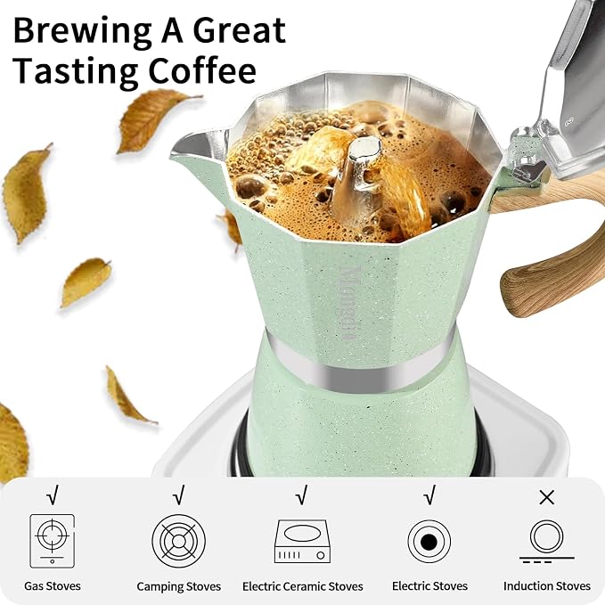 Mongdio Stovetop Espresso Maker Moka Pot, Cuban Coffee Maker Stove top coffee maker Moka Italian Espresso Greca Coffee Maker Brewer Percolator, 6 Espresso Cups, 10 oz - Green - Image 6
