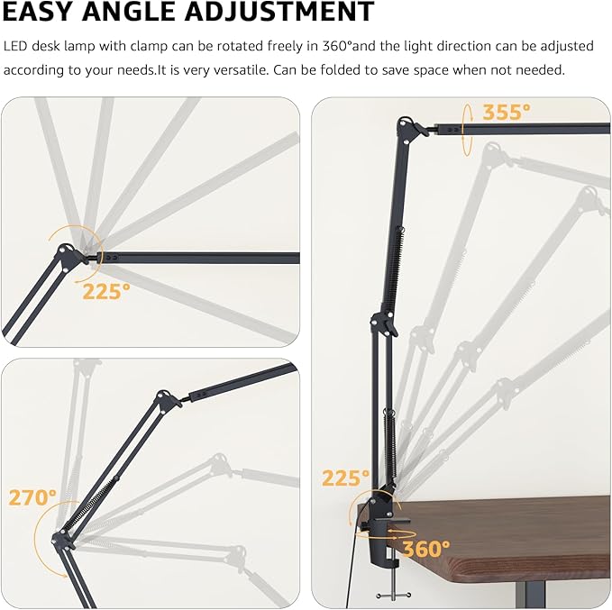 Upgrade Swing Arm LED Desk Lamp with Clamp, 80 LED Beads, 5 Color Modes & 11 Brightness Levels, 360° Adjustable Arm, Eye-Caring Light CRI95, Timer & Memory Function, for Office, Study, Crafting - Image 5