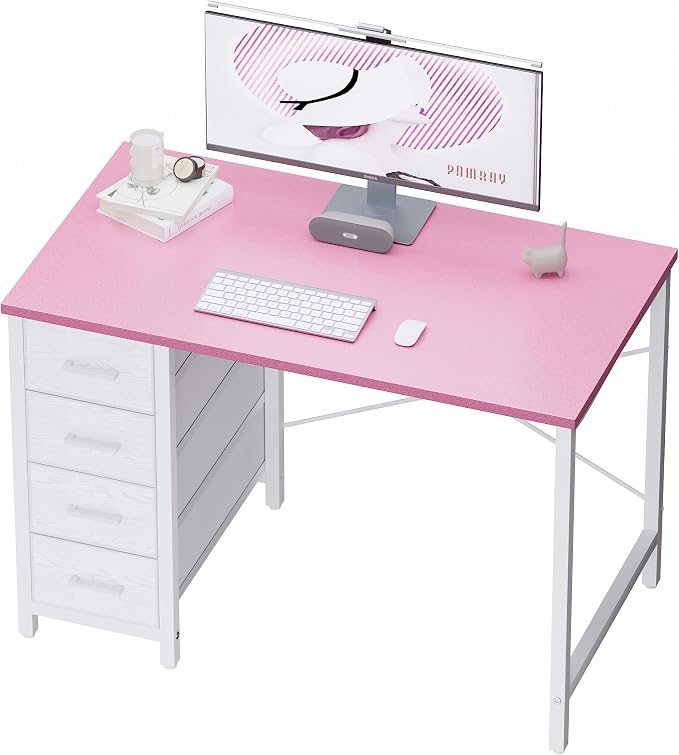 Pamray 32 Inch Computer Desk with 4 Drawers Small Office Desk for Home Bedroom Study Writing Simple Modern Computer Table Pink by PAMRAY
