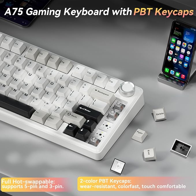 SOLAKAKA A75 75% Wireless Mechanical Keyboard, Hot Swappable Gaming Keyboard with Multifunction Knob & RGB, Gasket Mounted Creamy Keyboard, PBT Keycaps, Compact Layout for Win/Mac/PC - Image 4