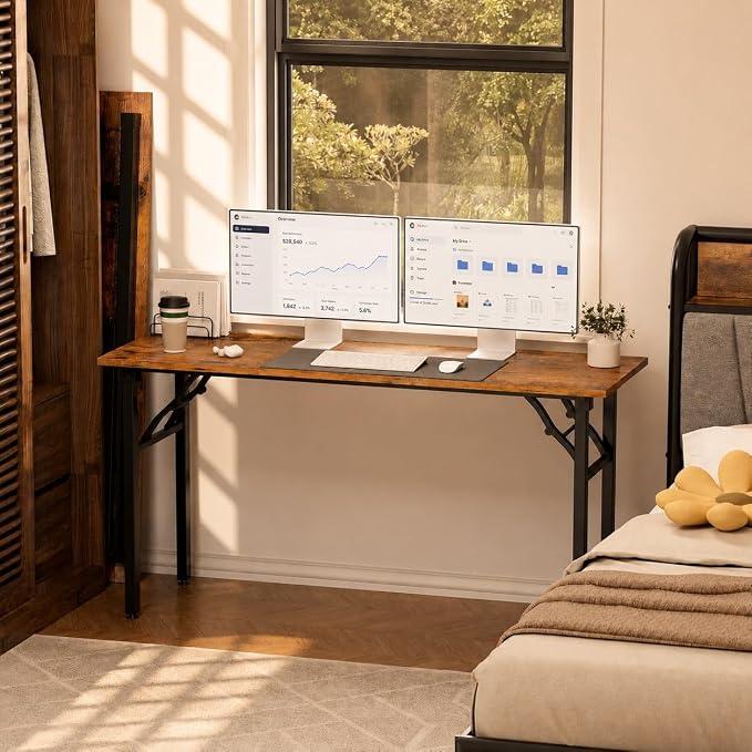 Folding Table Computer Desk - 55.1" No Assembly Folding Desk Design and Foldable Office Desk, Small Desk for Bedroom, Compact Storage Portable Use for Dorm and RV Small Space, Rustic Brown - Image 2