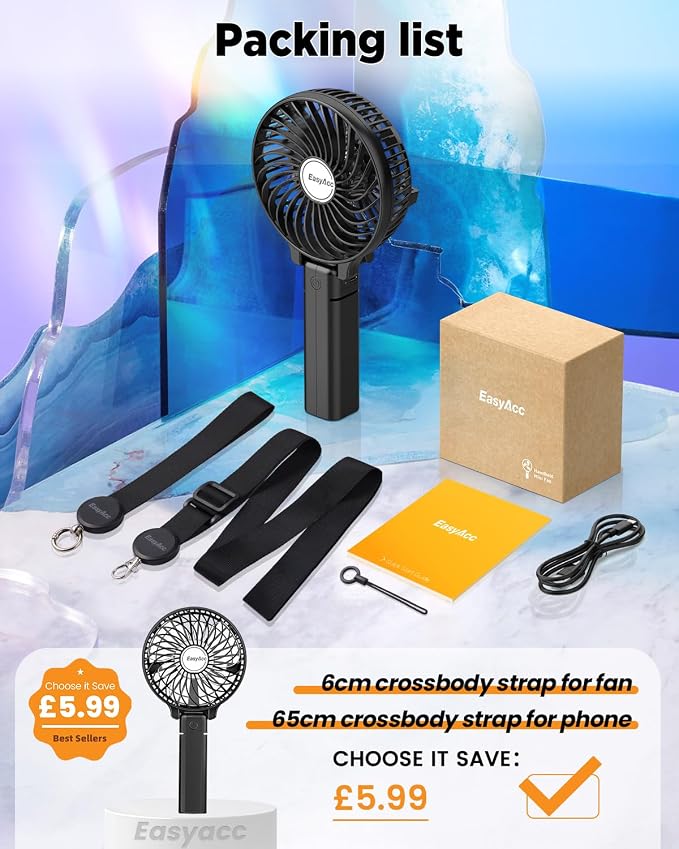 EasyAcc Handheld Fan Portable Rechargeable, Ultra Quiet &180° Foldable & Up 10 Hours & 3 Speeds Powered Personal Battery Foldable Adjustable Fan Home Travel Outdoor Office Black - Image 7