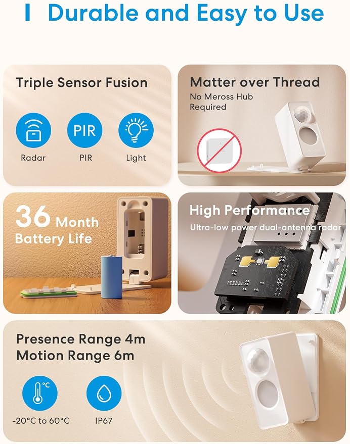 meross Matter Presence Sensor MS605, Battery-Powered 4-in-1 Smart Motion Sensor with AI Learning, IP67 PIR & Light & mmWave Radar, Matter Over Thread, Supports Home Assistant, HomeKit, Alexa (1 Pack) - Image 2