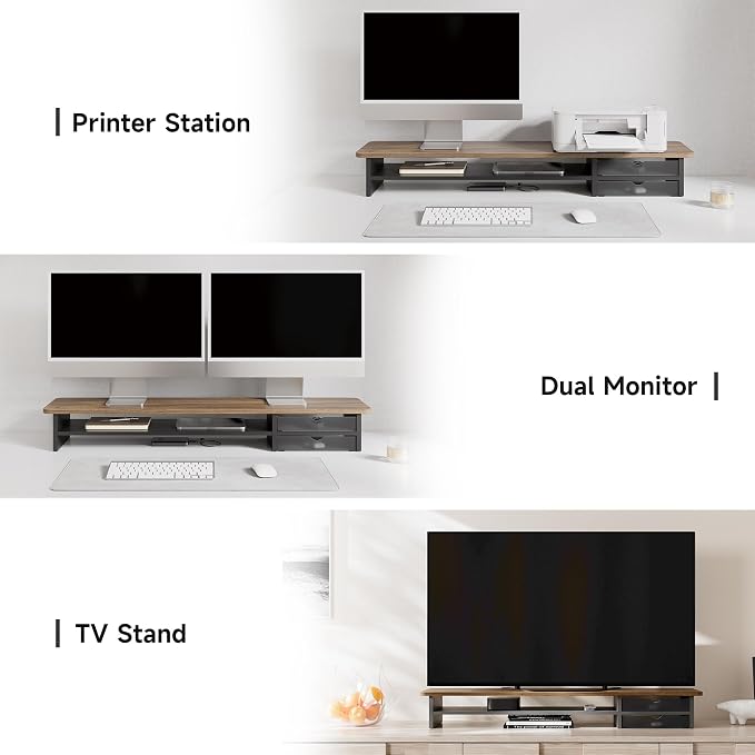 Fenge Monitor Stand, Dual Monitor Riser, 42.5inch Large Desk Computer Monitor Stand Riser with Drawer, 2 Tier Wood & Acrylic Desktop Organizer for Computer, Laptop, Printer, TV Screen Riser - Image 8