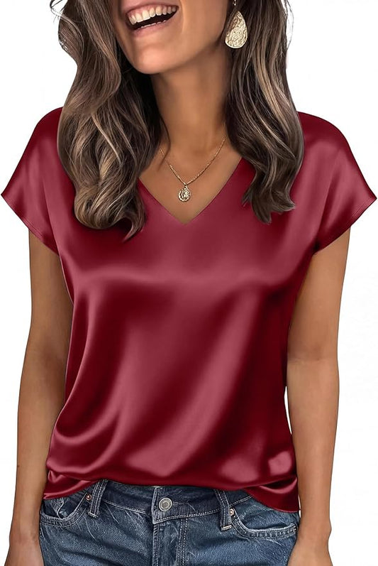 WIHOLL Womens Satin Summer Tops Cap Short Sleeve Blouses V Neck Shirts Business Casual Outfits Fashion Clothing 2026 by WIHOLL
