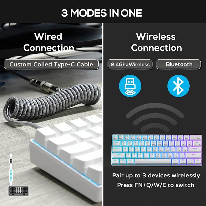RK ROYAL KLUDGE RK61 Wireless Mechanical Keyboard, 60% Percent RGB, White | Hot Swappable Gaming Keyboard with Bluetooth/2.4G/USB, 61 Keys Ultra-Compact for Win/Mac/PC, Coiled Cable, Linear Red Switch - Image 2