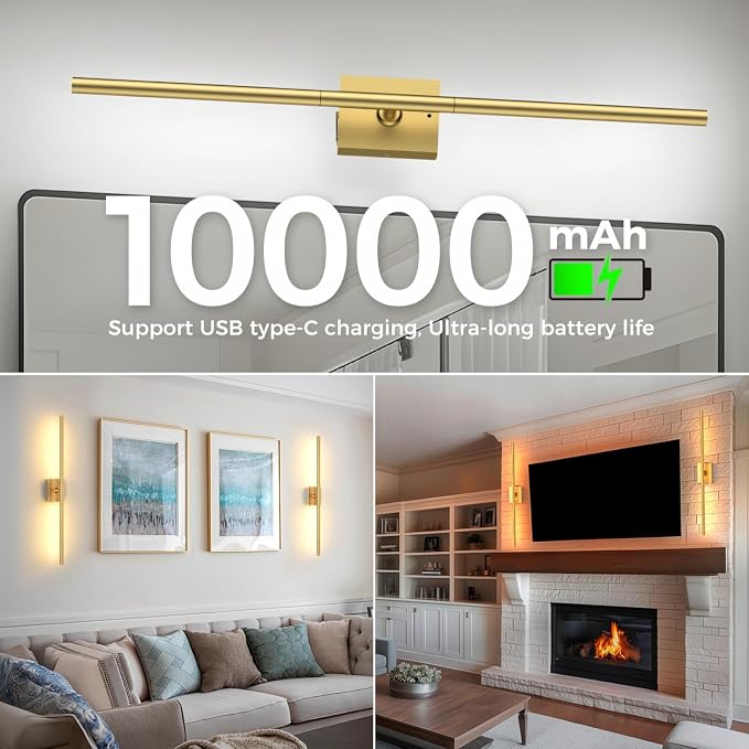 iThird 1 Pack Battery Operated Wall Sconce, Wireless Battery Wall Sconce with Remote Control, Gold LED Rechargeable Sconces, 31.5 Inch Modern Cordless Wall Lights for Bedroom Living Room Picture - Image 3