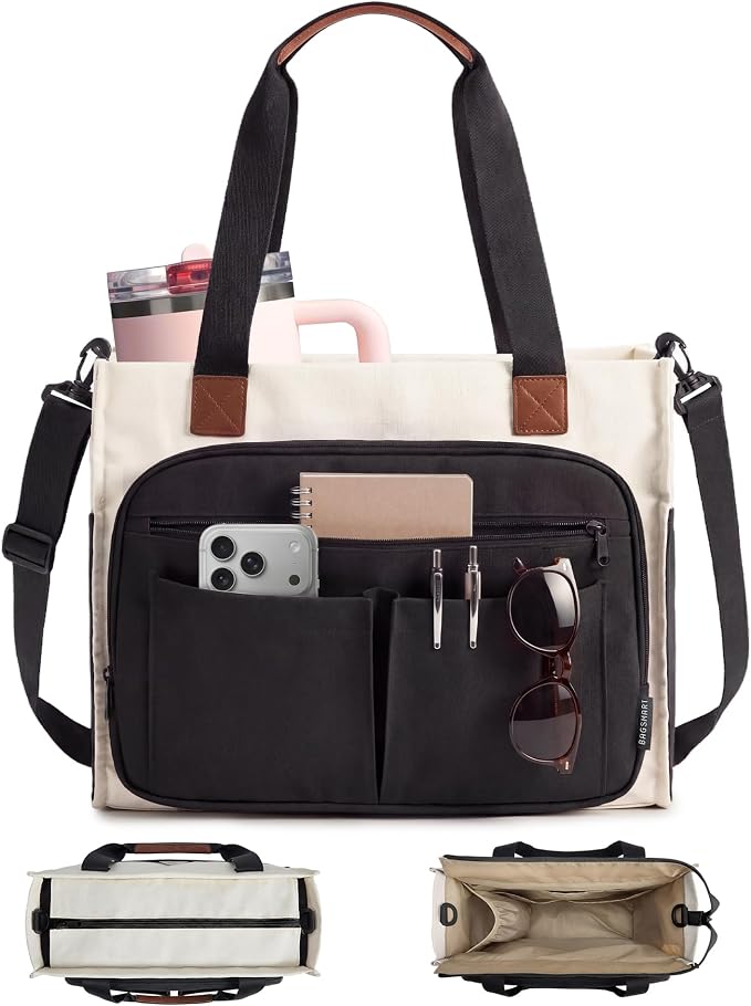 BAGSMART Small Tote Bag for Women, 13'' Laptop Canvas Work Bag with Zipper | 30oz/40oz Tumble & 11 Pockets Travel Tote, Teachers/Nurses, Lightweight Canvas or Water-Resistant Puffer Taslon Crossbody Bag by BAGSMART