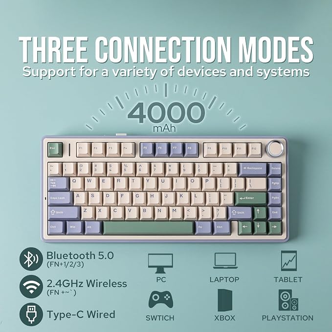 EPOMAKER x Aula F75 Gasket Mechanical Keyboard, 75% Wireless Hot Swappable Gaming Keyboard with Five-Layer Padding&Knob, BT/2.4GHz/USB-C, RGB (Green, LEOBOG Reaper Switch) - Image 3