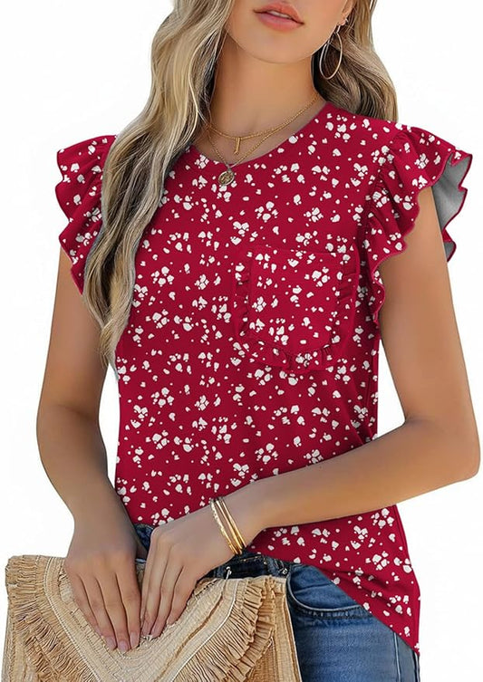 JUSTFASHIONNOW Womens Summer Tops Striped T-Shirts 2026 Ruffle Short Sleeve Crew Neck Casual Blouses with Pocket by Justfashionnow