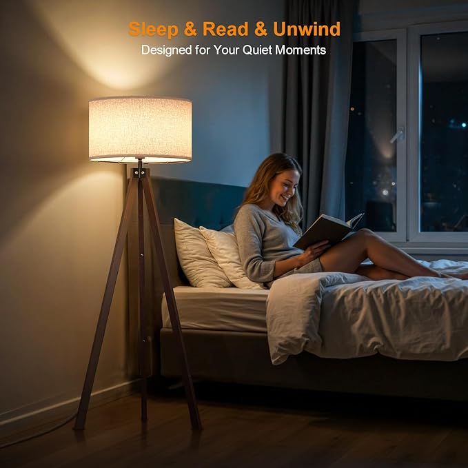 LEPOWER Tripod Floor Lamp Mid Century Modern Standing Lamps for Living Room | Light-Diffusing Linen Shade, Premium Rubberwood Tripod with E26 Base, Adding Warmth to Bedroom, Office & Study Corner Walnut - Image 6