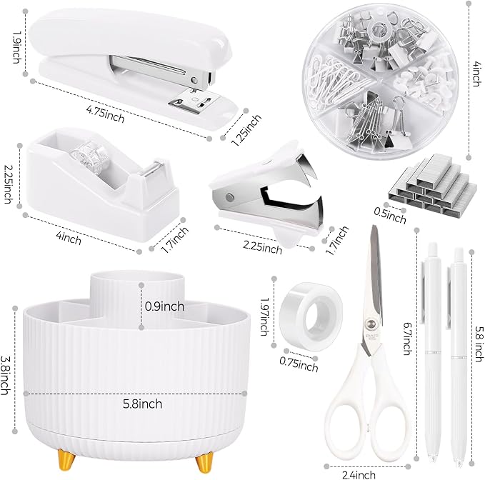 SKYDUE White Office Supplies Set, Office Desk Accessories 10PCS, Pencil Holder for Desk, Stapler, Tape Dispenser, Scissors, Ruler, Binder/Paper Clips and 1000pcs Staples,Desk Supplies Set - Image 6