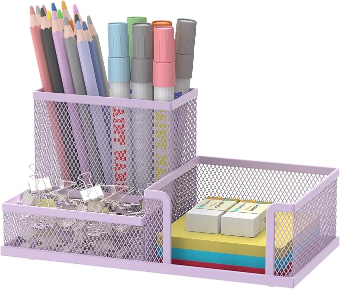 SUPEASY Mesh Pen Holder Desk Organizer, Office Supplies Pencil Storage with 3 Compartments, Office Desk Accessories and Workspace Organizers for Home School Classroom, Purple by SUPEASY
